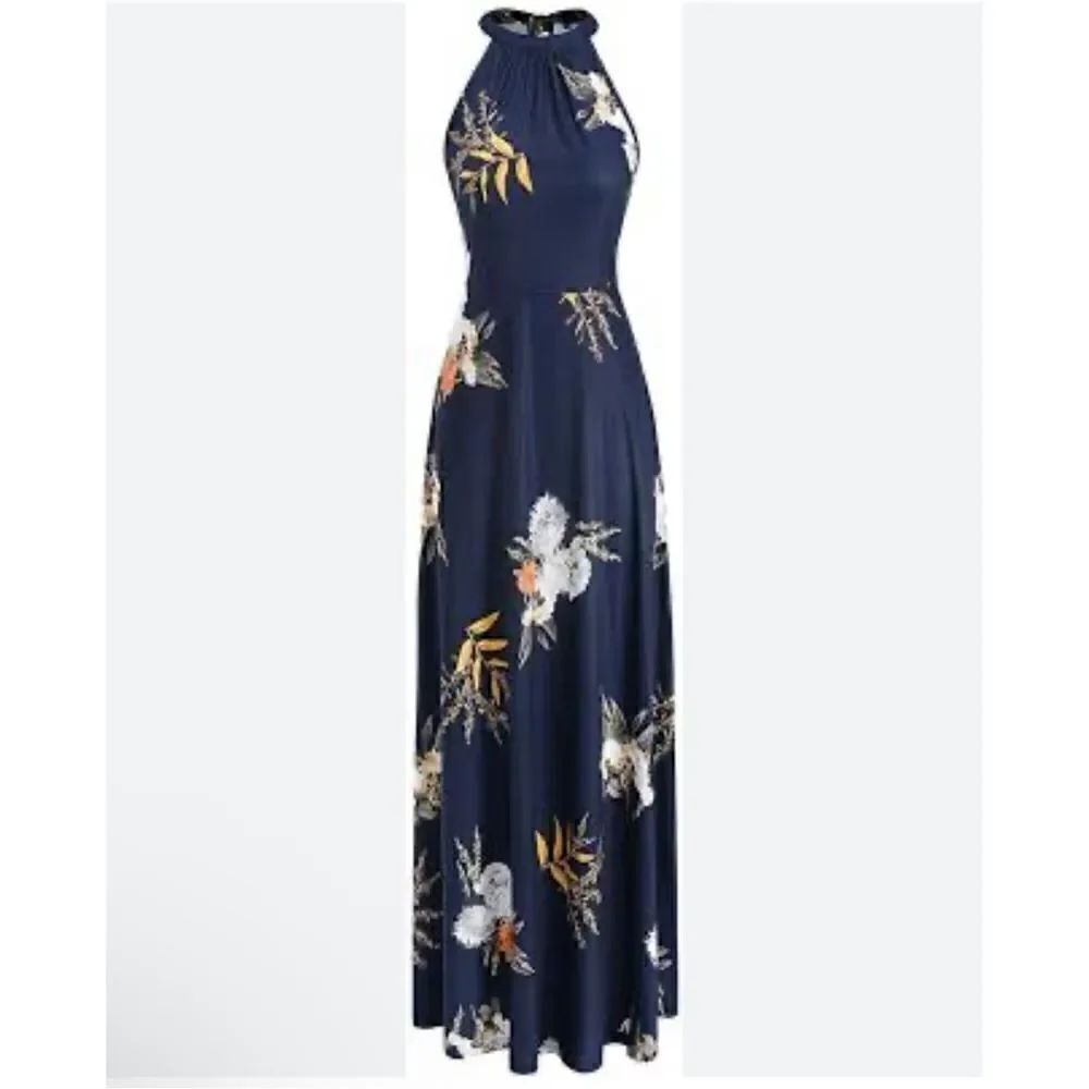 STYLEWORD Women's Off Shoulder Elegant Maxi Long Dress Navy Blue white flowers a